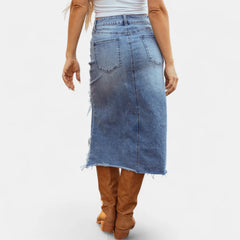 Pearl Frayed Asymmetric Hem Skirt in Light Blue