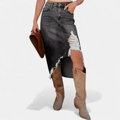 Pearl Frayed Asymmetric Hem Skirt in Dark Grey