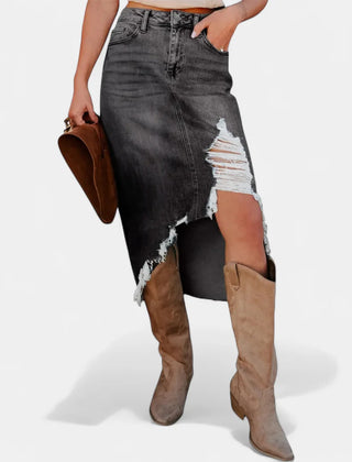 Pearl Frayed Asymmetric Hem Skirt in Dark Grey