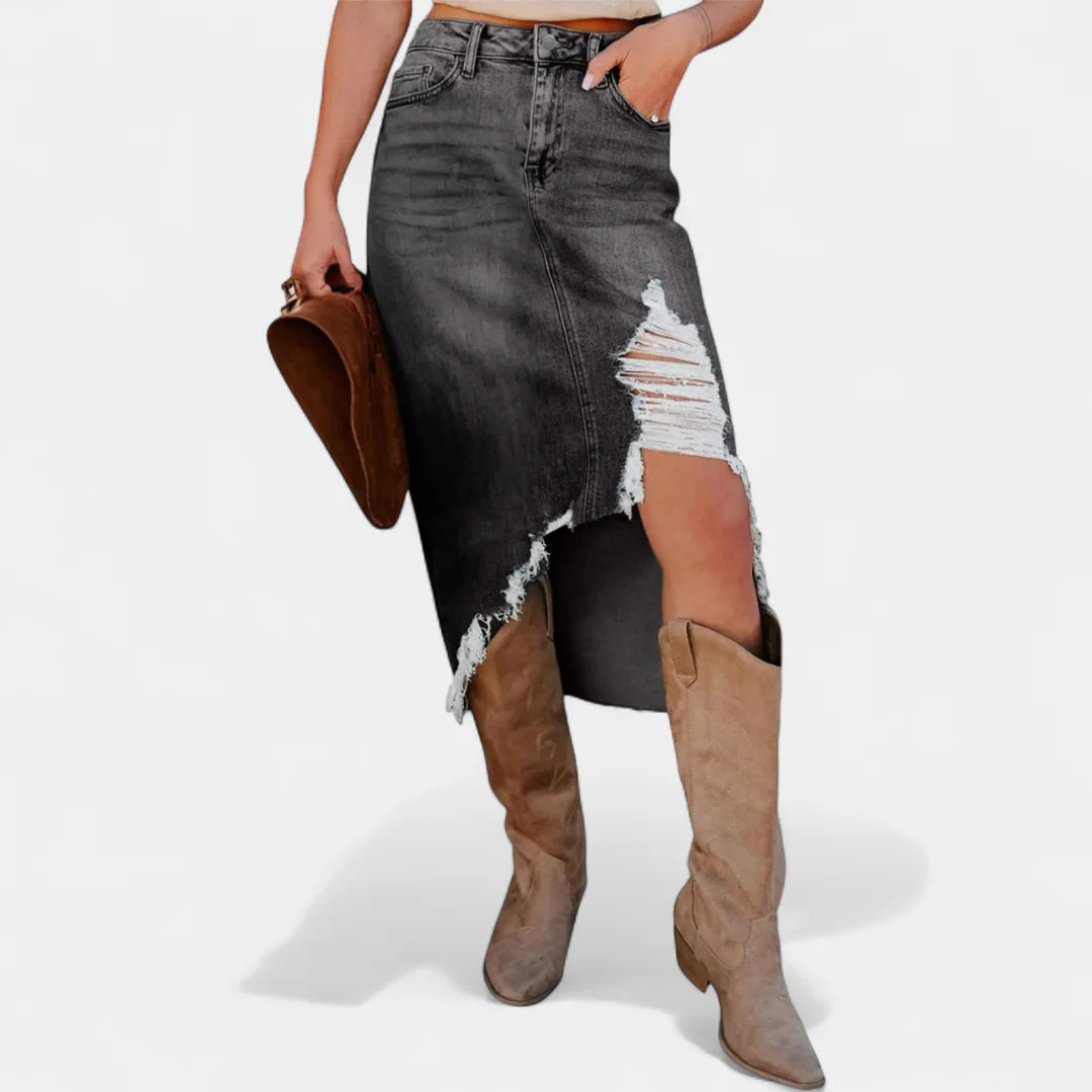 Pearl Frayed Asymmetric Hem Skirt in Dark Grey