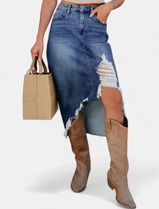 Pearl Frayed Asymmetric Hem Skirt in Medium Blue