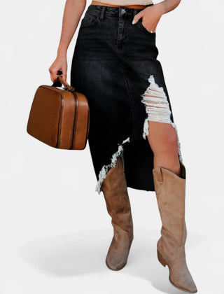 Pearl Frayed Asymmetric Hem Skirt in Black