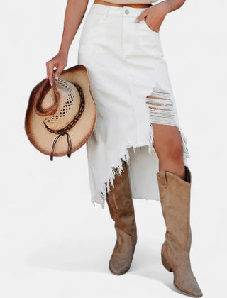 Pearl Frayed Asymmetric Hem Skirt in White