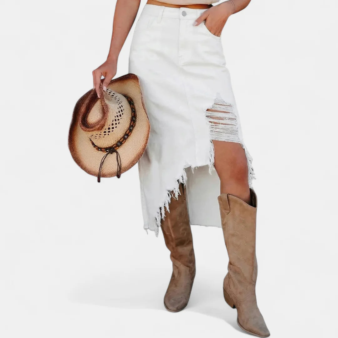 Pearl Frayed Asymmetric Hem Skirt in White