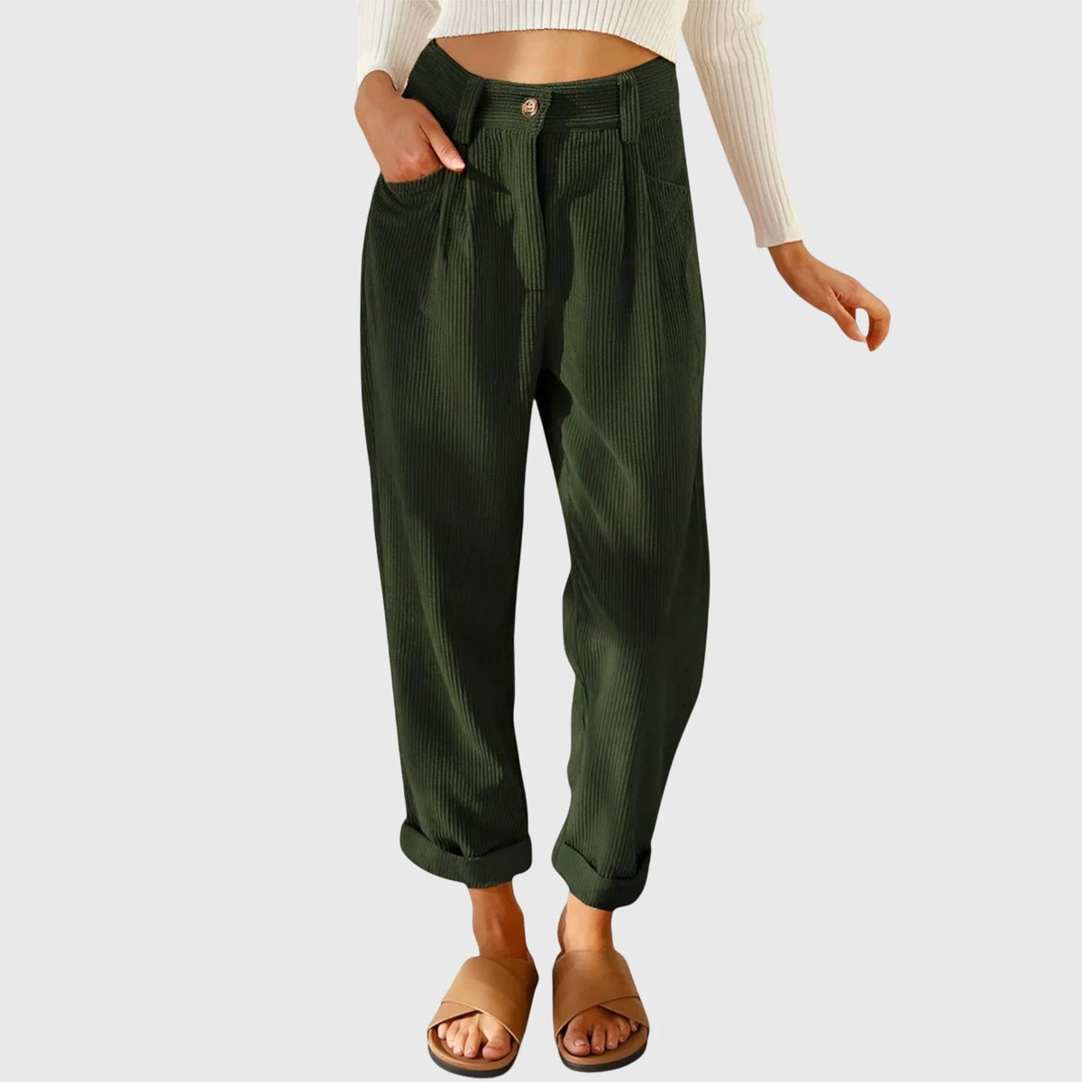 Penny High-Waisted Cord Pants in Olive Green