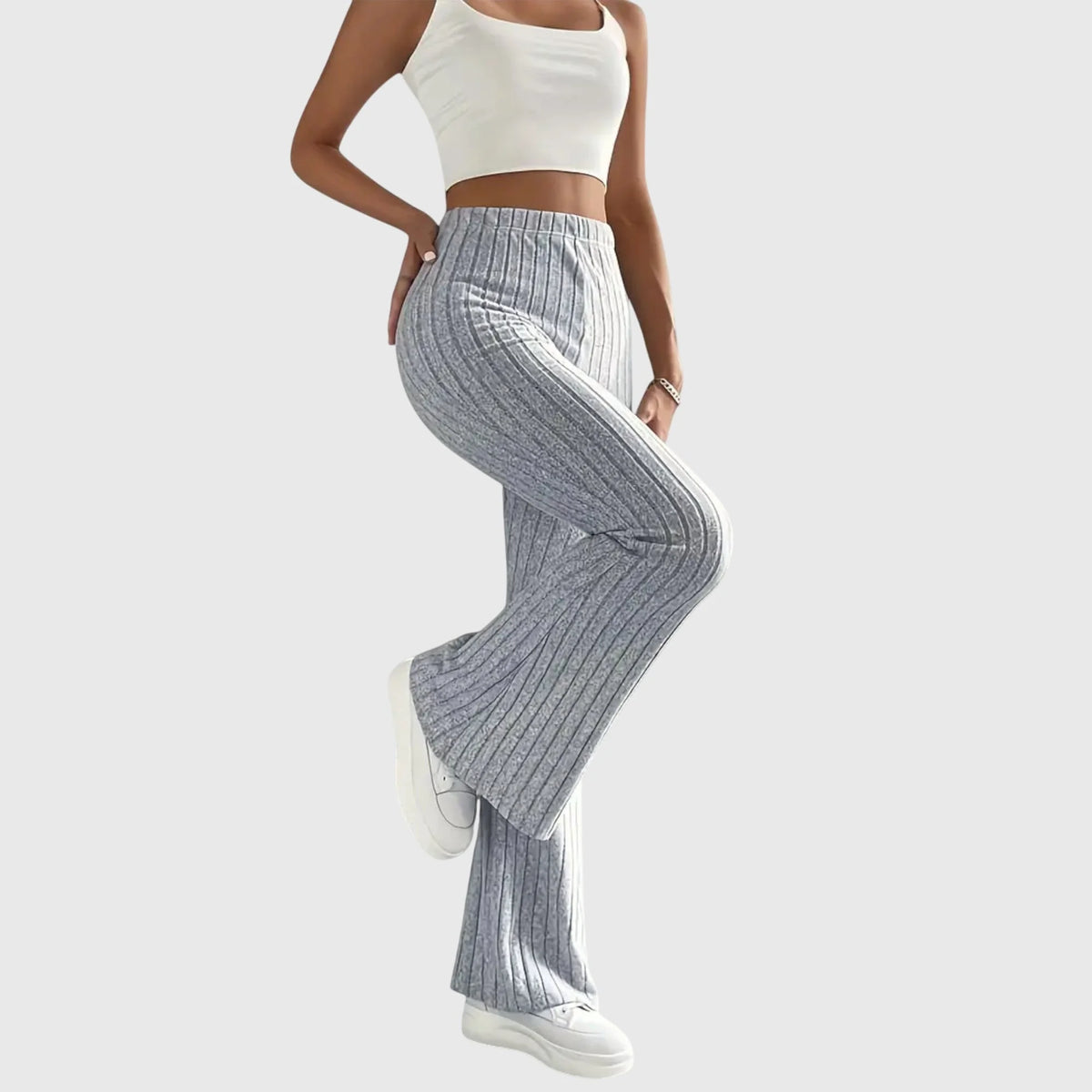 Phyllis Ribbed Flared Pants in Grey