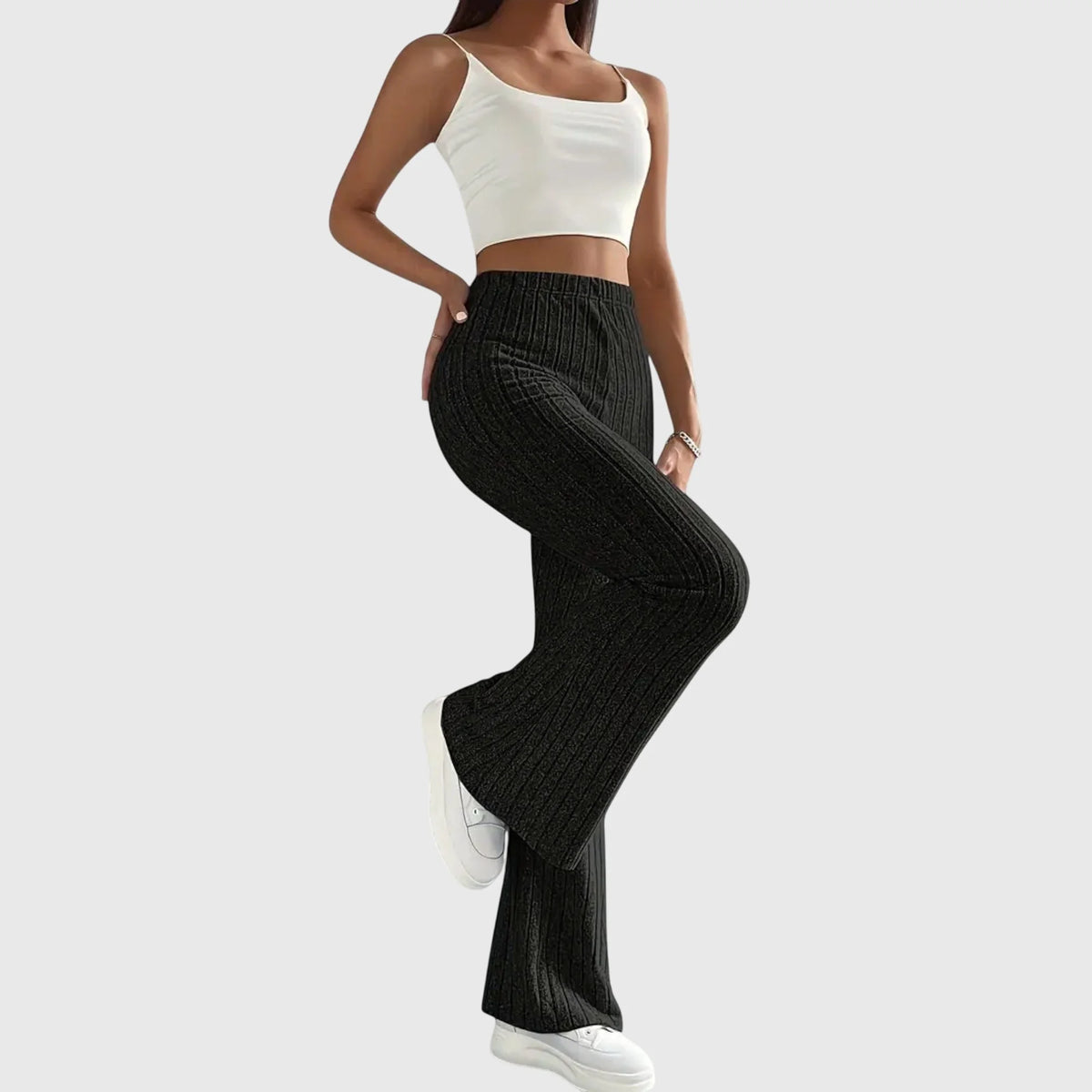 Phyllis Ribbed Flared Pants in Black