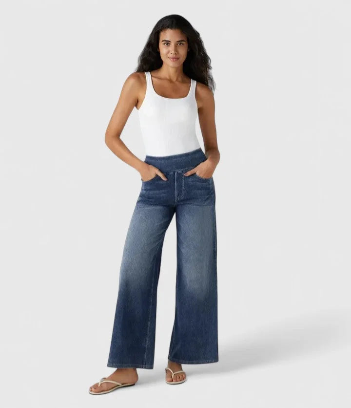 Polly Pull-On Wide-Leg Jeans in Dark Blue
