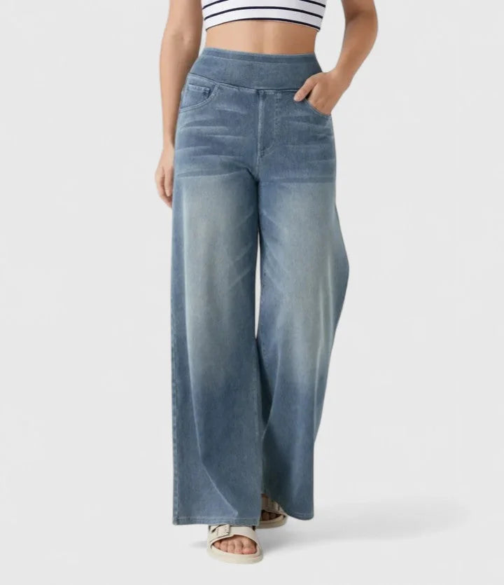 Polly Pull-On Wide-Leg Jeans in Light Blue
