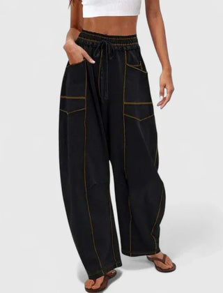 Priscilla Seamed Barrel Leg Pants in Black