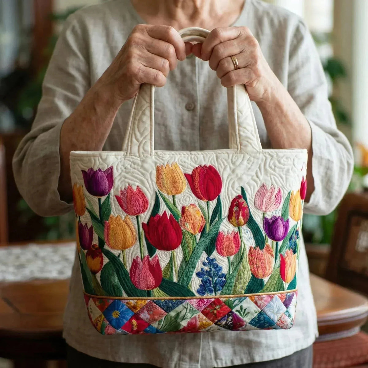 Ramona Tulip Garden Tote Bag in Cream