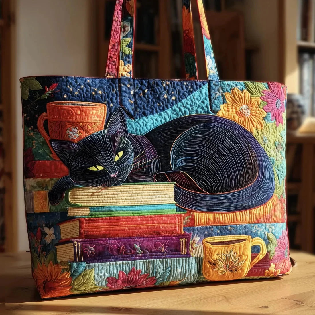 Rhoda Cozy Cat and Books Tote Bag in Multicolour