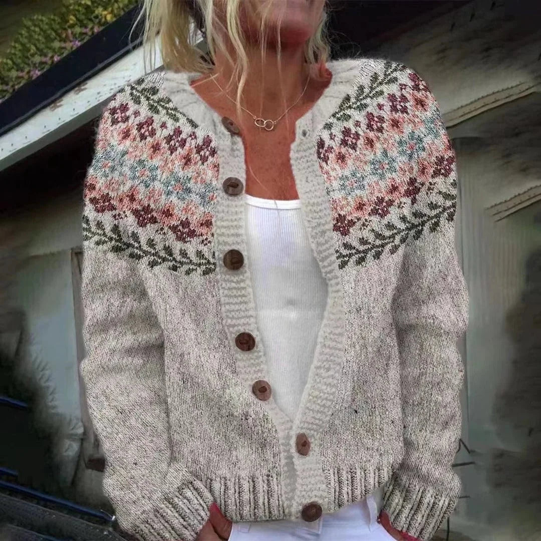 Rosalie Floral Yoke Button Cardigan in Oatmeal Cream