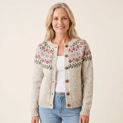 Rosalie Floral Yoke Button Cardigan in Oatmeal Cream, worn