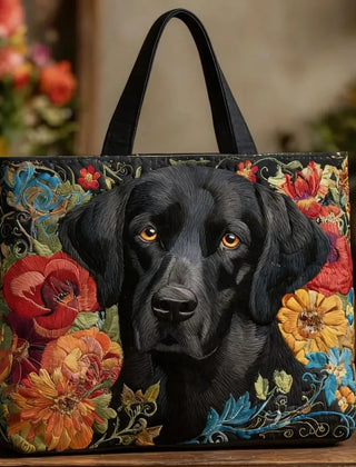 Rosemary Black Labrador Floral Tote Bag in Black