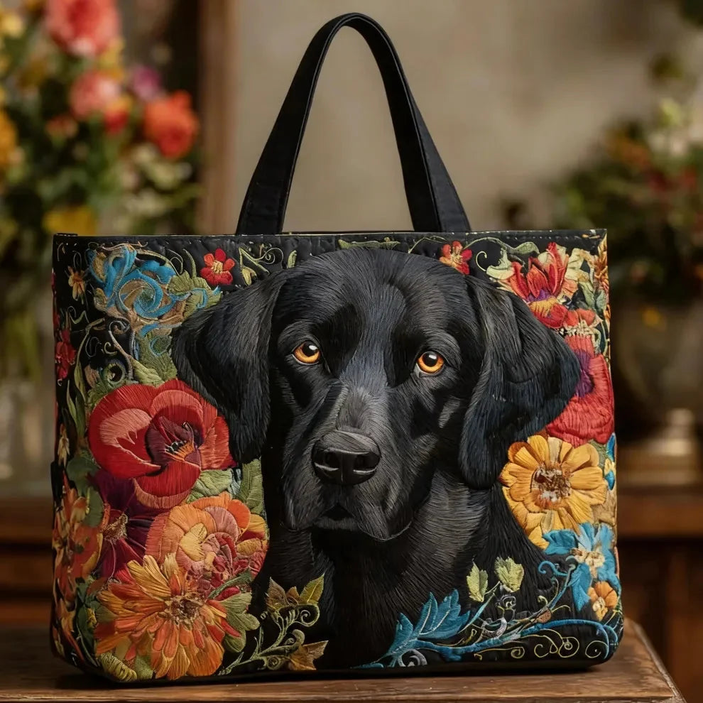 Rosemary Black Labrador Floral Tote Bag in Black