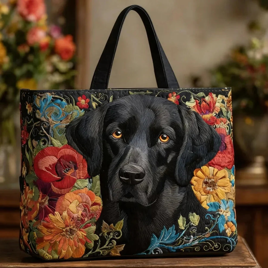 Rosemary Black Labrador Floral Tote Bag in Black