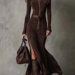 Roxanne Belted Zip-Front Maxi Dress in Chocolate Brown