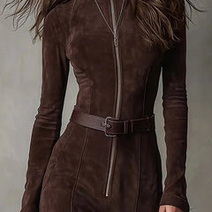 Roxanne Belted Zip-Front Maxi Dress in Chocolate Brown