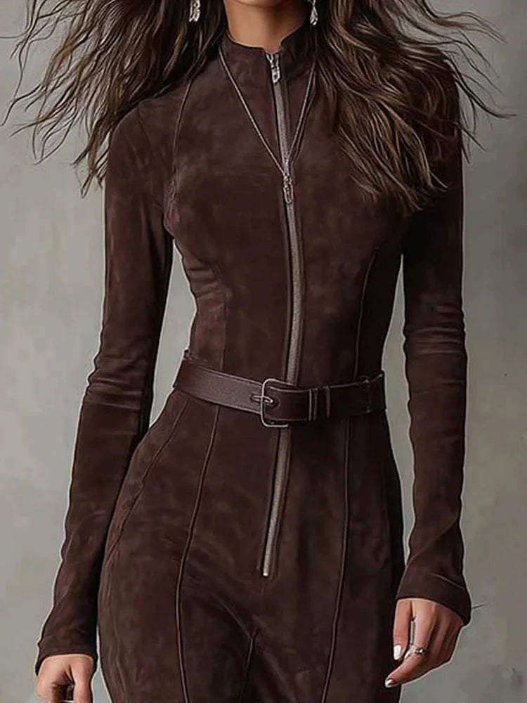 Roxanne Belted Zip-Front Maxi Dress in Chocolate Brown