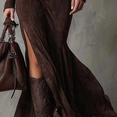 Roxanne Belted Zip-Front Maxi Dress in Chocolate Brown
