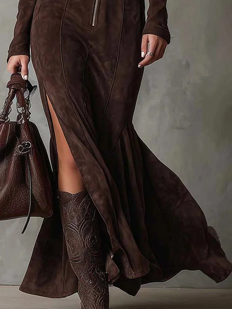 Roxanne Belted Zip-Front Maxi Dress in Chocolate Brown