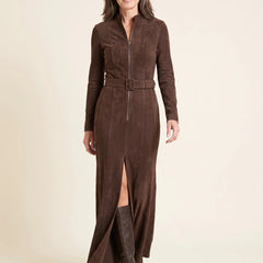 Roxanne Belted Zip-Front Maxi Dress in Chocolate Brown, worn
