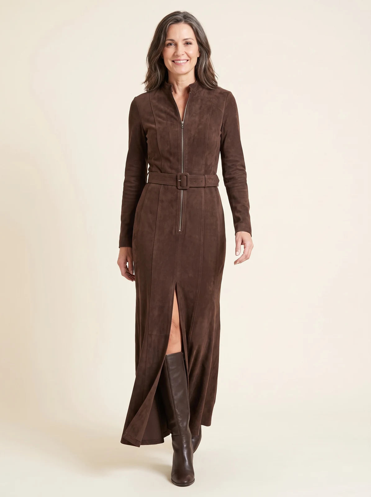Roxanne Belted Zip-Front Maxi Dress in Chocolate Brown, worn