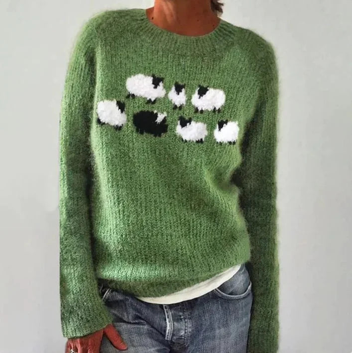 Sadie Sheep Motif Crew Neck Sweater in Green