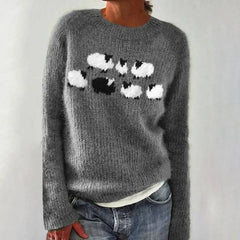 Sadie Sheep Motif Crew Neck Sweater in Grey