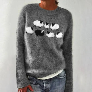 Sadie Sheep Motif Crew Neck Sweater in Grey