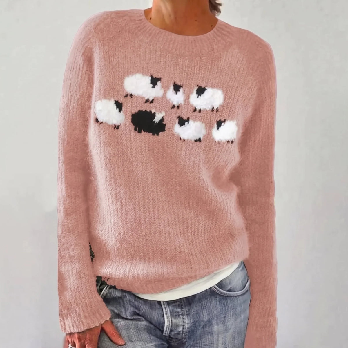 Sadie Sheep Motif Crew Neck Sweater in Salmon Pink