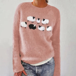 Sadie Sheep Motif Crew Neck Sweater in Salmon Pink