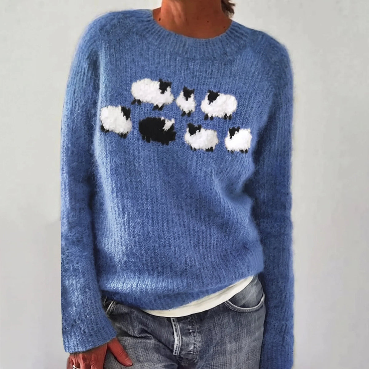 Sadie Sheep Motif Crew Neck Sweater in Cornflower Blue