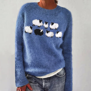 Sadie Sheep Motif Crew Neck Sweater in Cornflower Blue