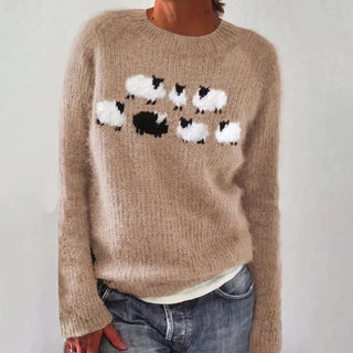 Sadie Sheep Motif Crew Neck Sweater in Beige
