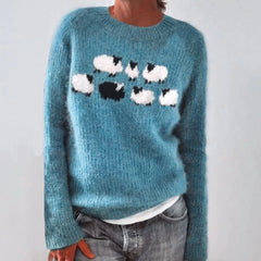Sadie Sheep Motif Crew Neck Sweater in Teal Blue