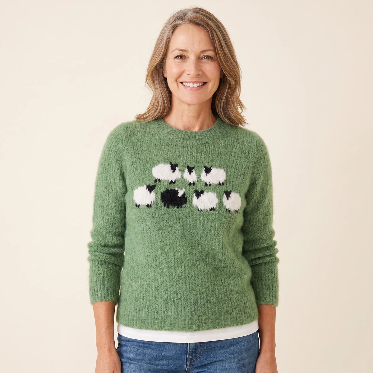 Sadie Sheep Motif Crew Neck Sweater in Green, worn