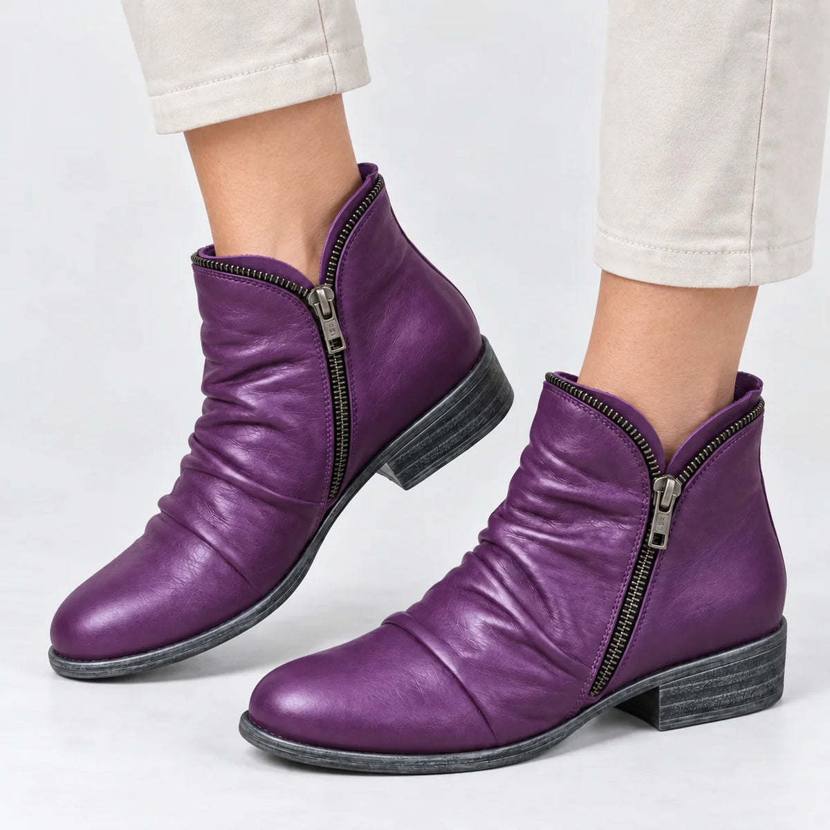 Sally Ruched Side-Zip Ankle Boots in Purple