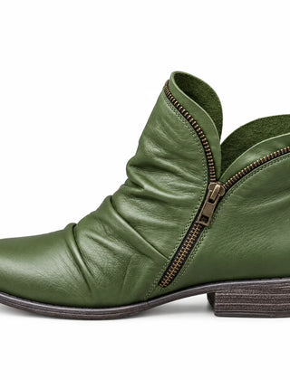 Sally Ruched Side-Zip Ankle Boots in Green