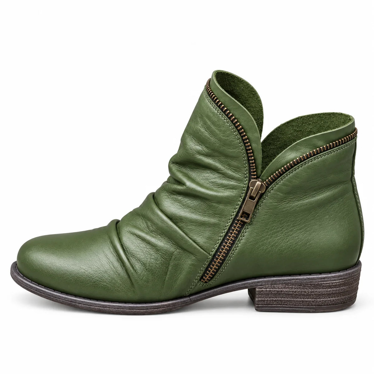 Sally Ruched Side-Zip Ankle Boots in Green