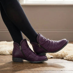 Sally Ruched Side-Zip Ankle Boots in Purple