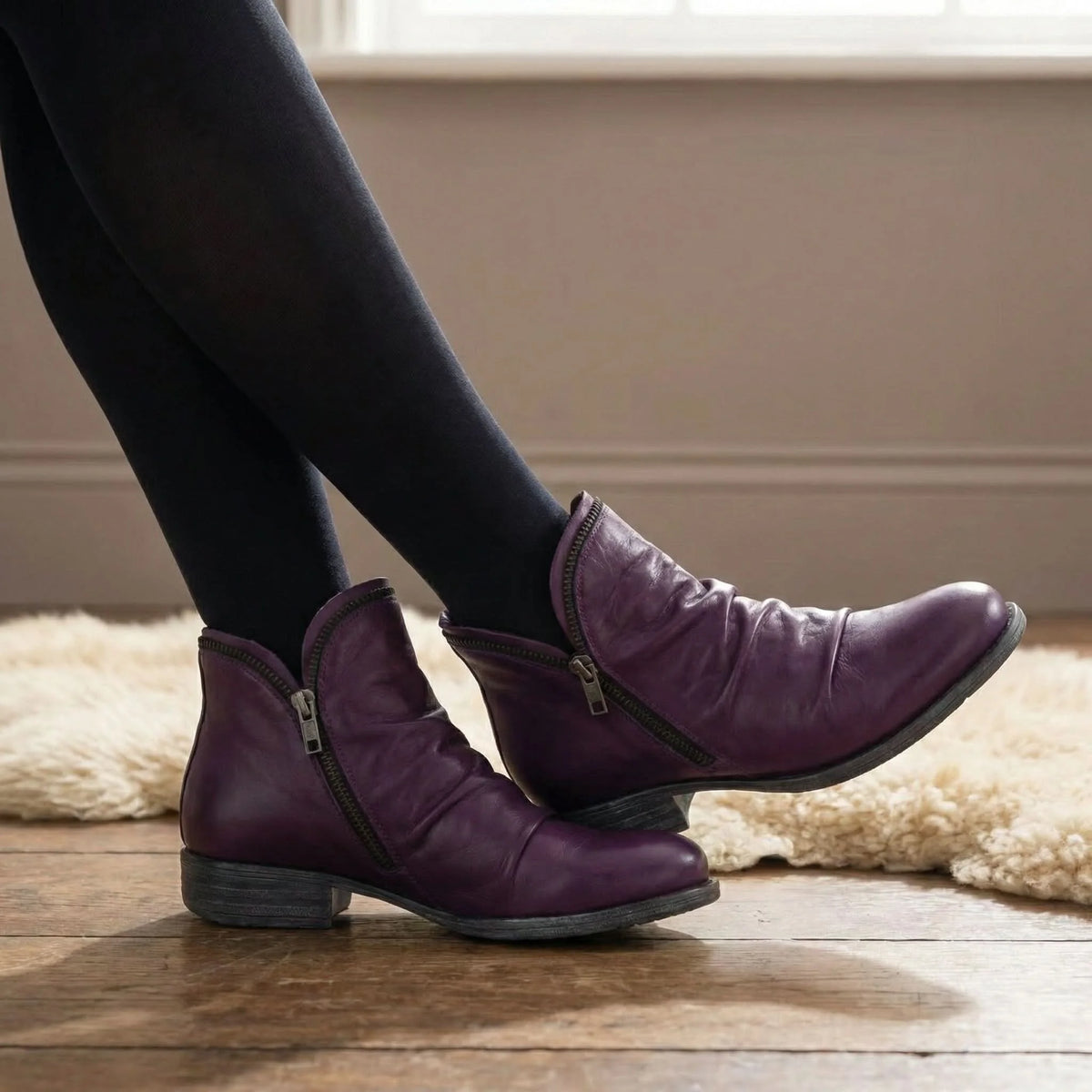 Sally Ruched Side-Zip Ankle Boots in Purple