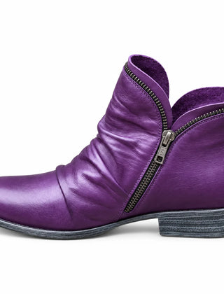 Sally Ruched Side-Zip Ankle Boots in Purple