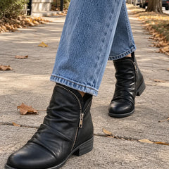 Sally Ruched Side-Zip Ankle Boots in Black