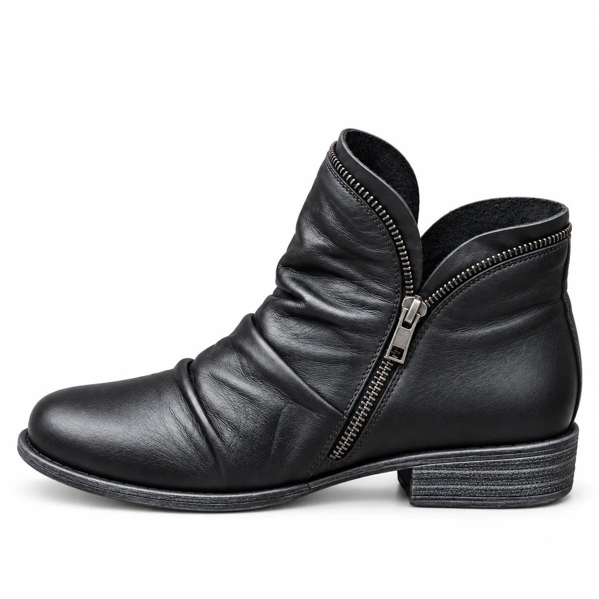 Sally Ruched Side-Zip Ankle Boots in Black