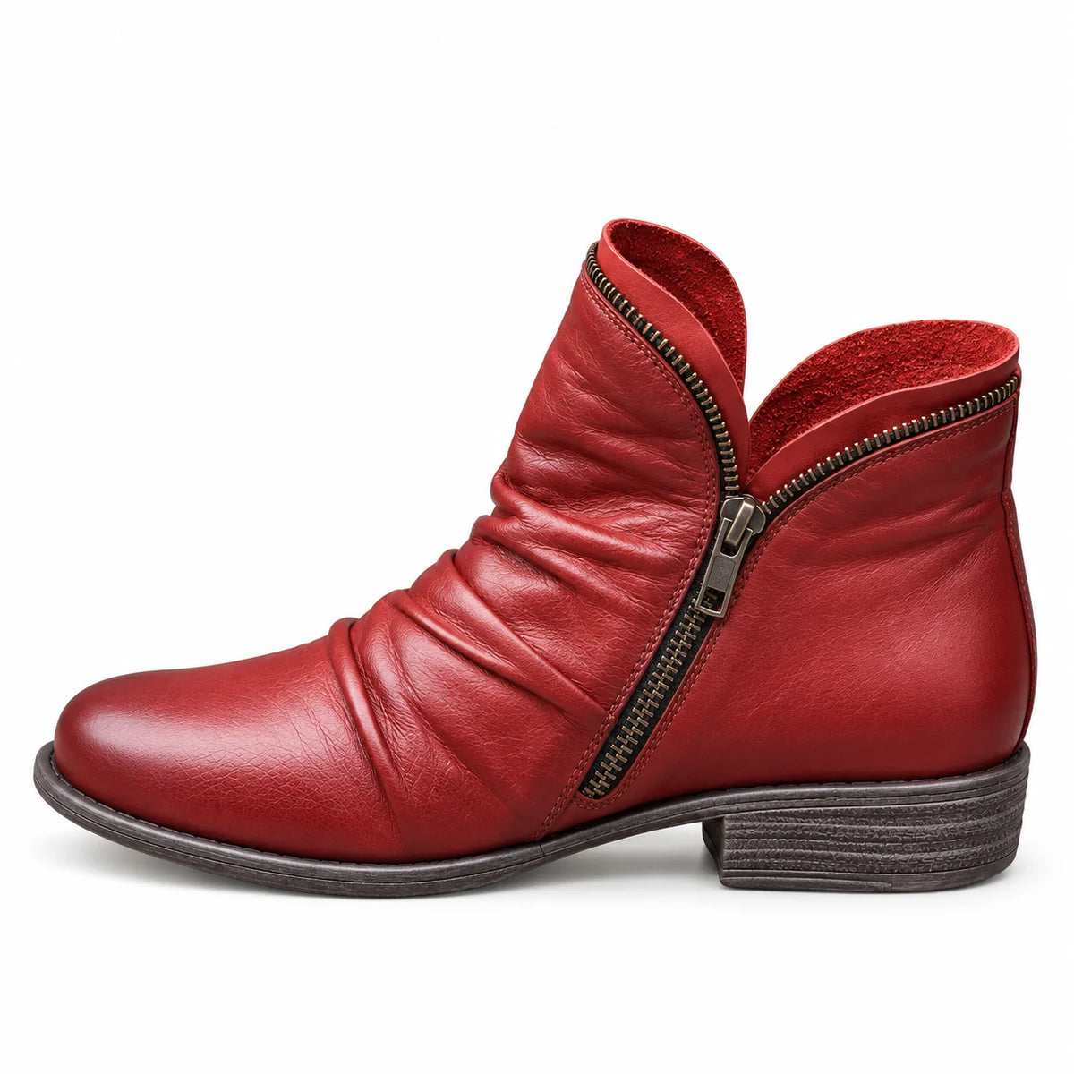 Sally Ruched Side-Zip Ankle Boots in Red