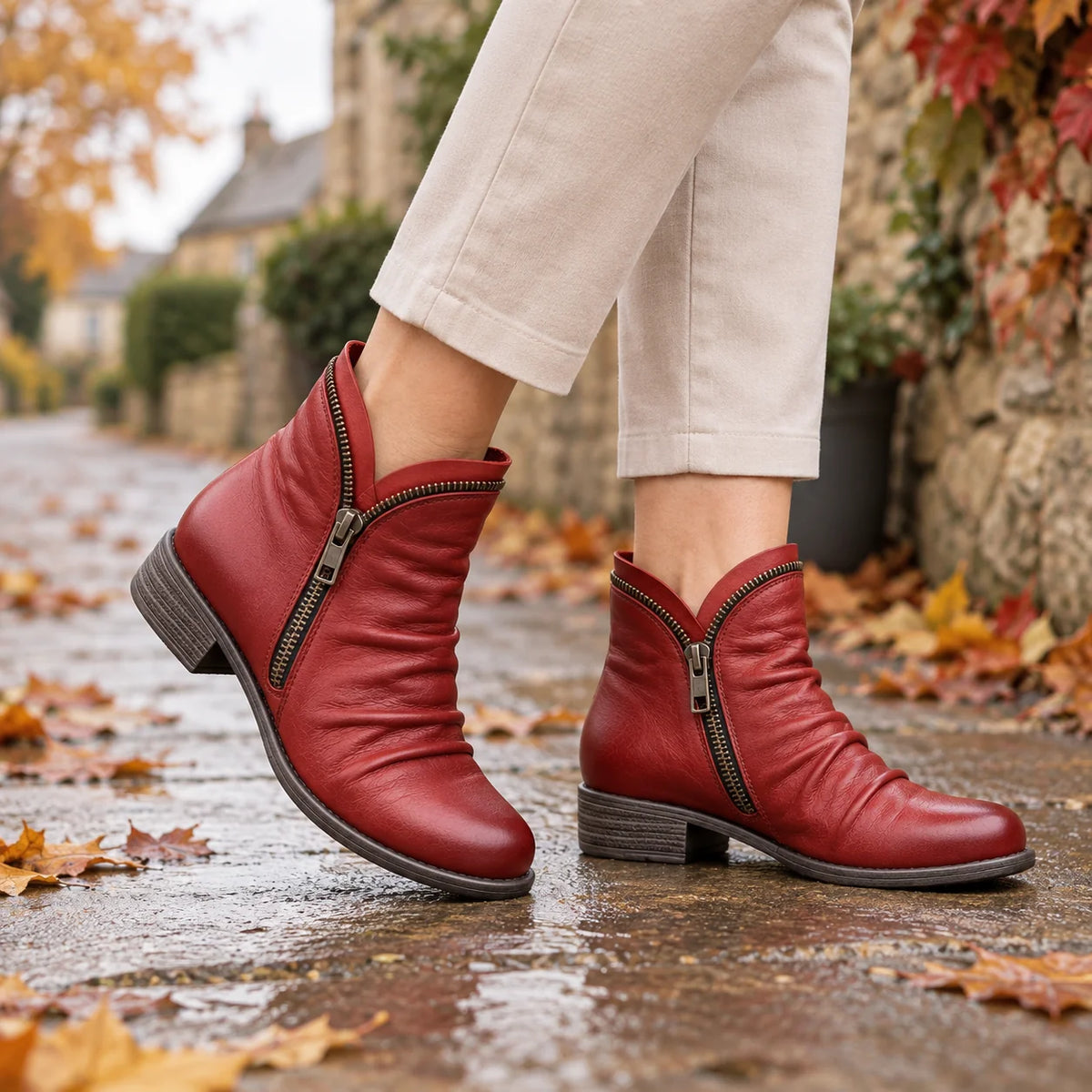 Sally Ruched Side-Zip Ankle Boots in Red