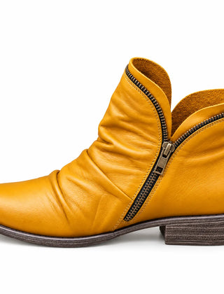 Sally Ruched Side-Zip Ankle Boots in Mustard Yellow