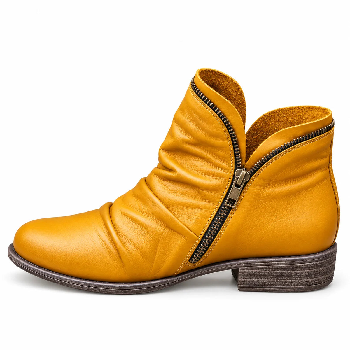 Sally Ruched Side-Zip Ankle Boots in Mustard Yellow